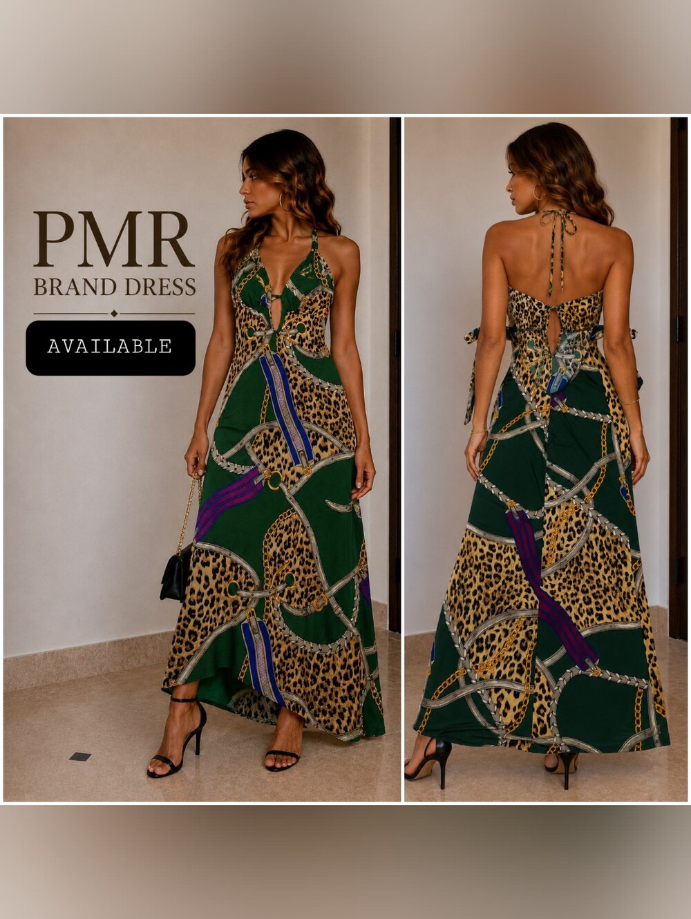 Green Leopard-Print Halter Maxi Dress with Chain & Scarf Motif